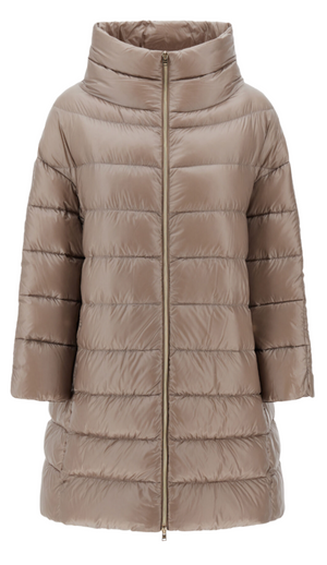 Introducing the Herno Matilde Coat by Herno, a tan, quilted puffer jacket designed from ultralight nylon. It features a high collar, three-quarter sleeves, and a front zipper closure.