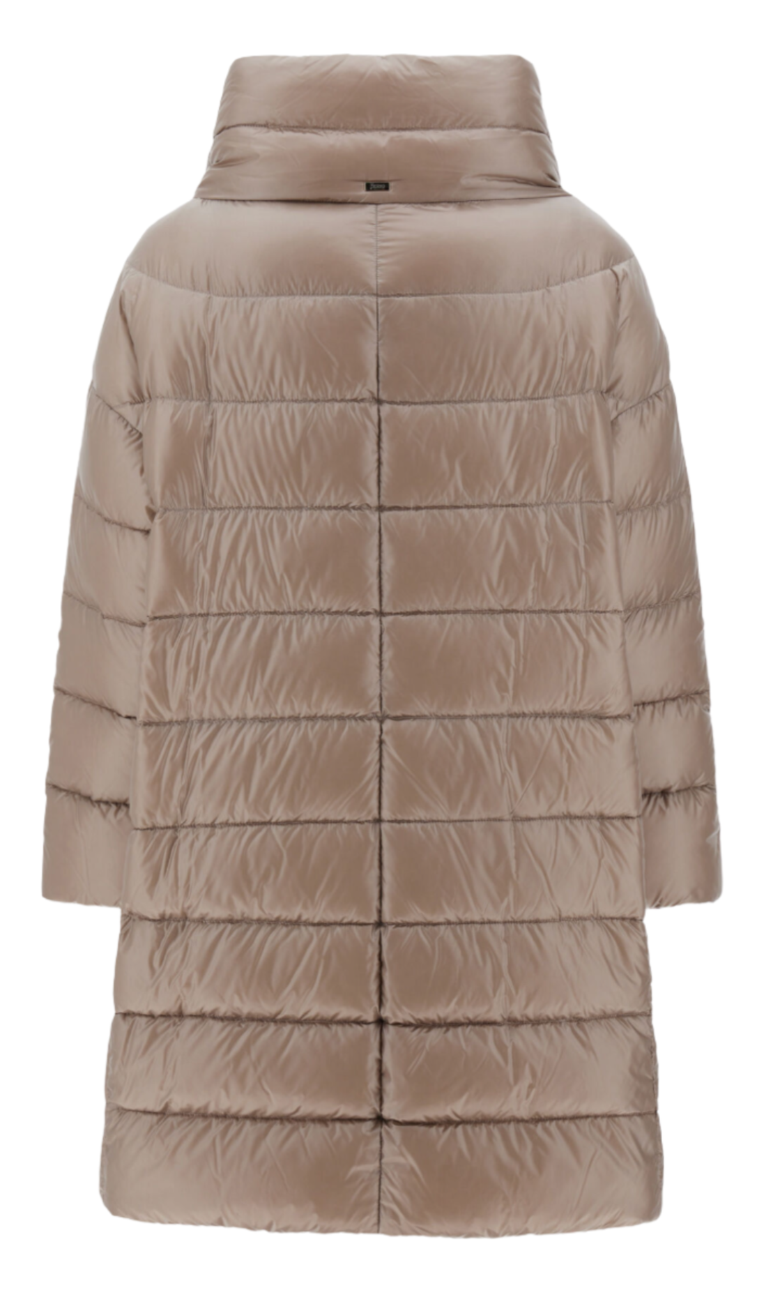 Seen from the back, the Herno Matilde Coat is a long puffer design in taupe, crafted from ultralight nylon with horizontal stitching and a stylish high collar.