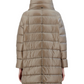 Rear view of a person wearing the Herno Matilde Coat, a long, beige puffer coat with a high collar, made from ultralight nylon.