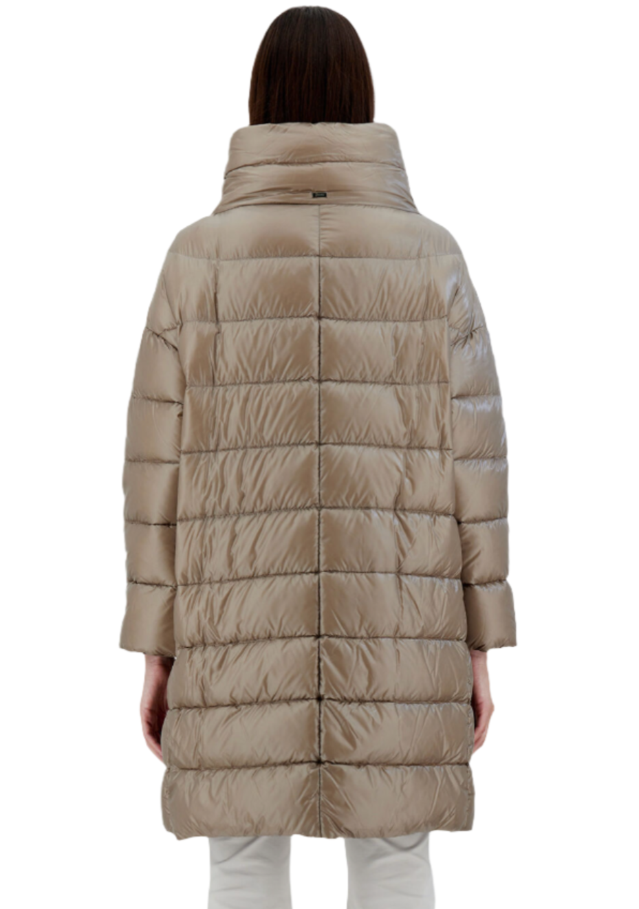 Rear view of a person wearing the Herno Matilde Coat, a long, beige puffer coat with a high collar, made from ultralight nylon.