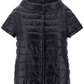 Herno's Emilia Cape, a short-sleeved quilted puffer jacket in black, features a high-neck collar and is crafted from ultralight nylon with plush goose down padding, showcased on a plain background.