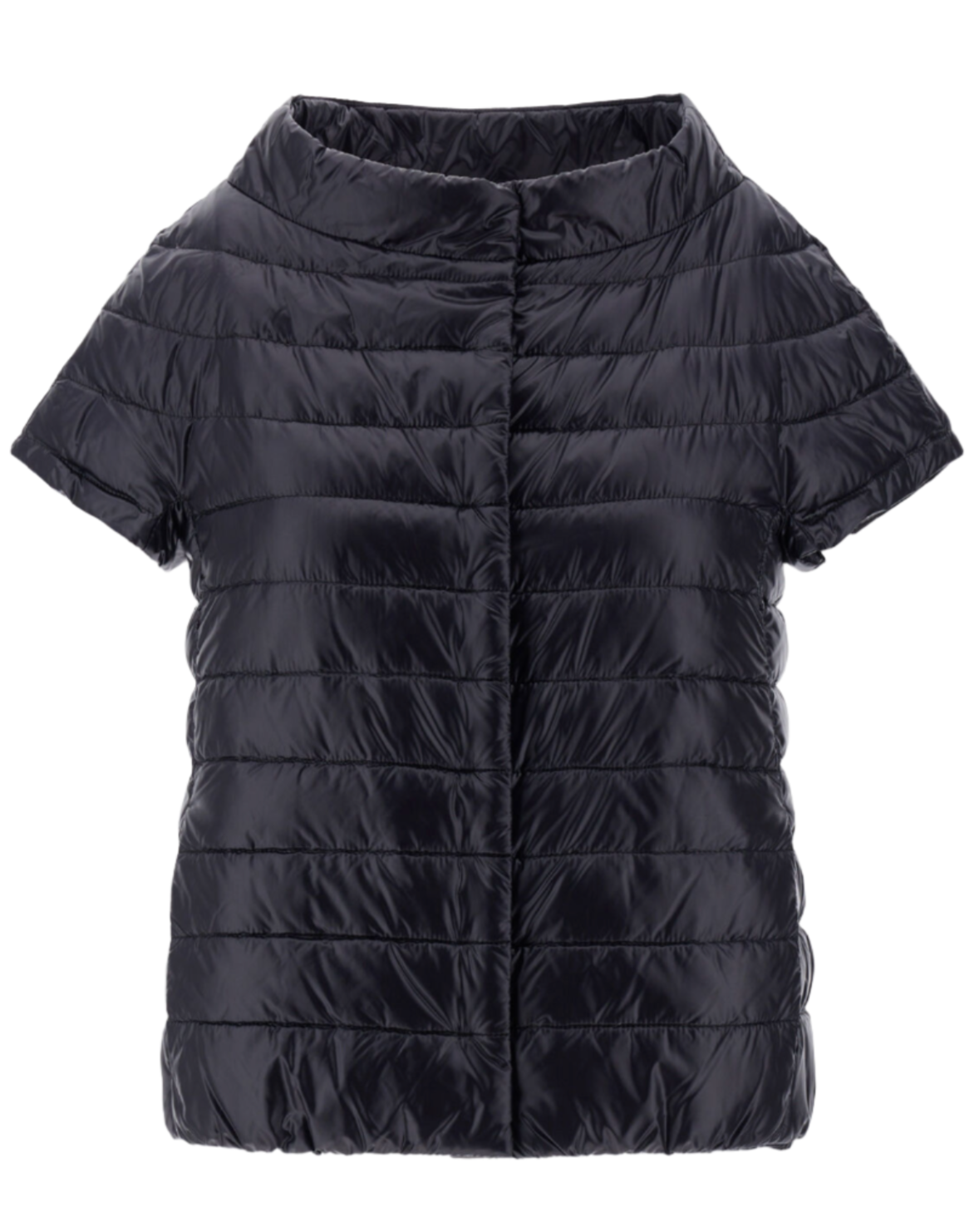 Herno's Emilia Cape, a short-sleeved quilted puffer jacket in black, features a high-neck collar and is crafted from ultralight nylon with plush goose down padding, showcased on a plain background.