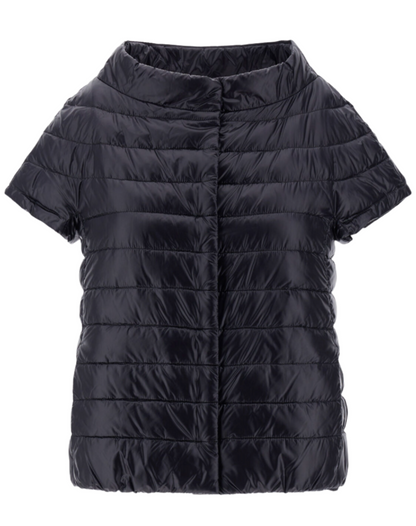 Herno's Emilia Cape, a short-sleeved quilted puffer jacket in black, features a high-neck collar and is crafted from ultralight nylon with plush goose down padding, showcased on a plain background.