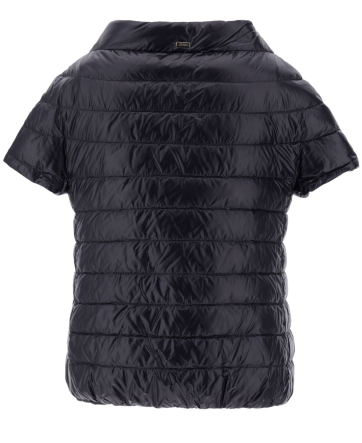 Introducing the Herno Emilia Cape: a short-sleeved, black puff jacket crafted from ultralight nylon in signature Herno style, featuring horizontal quilting filled with cozy goose down padding.