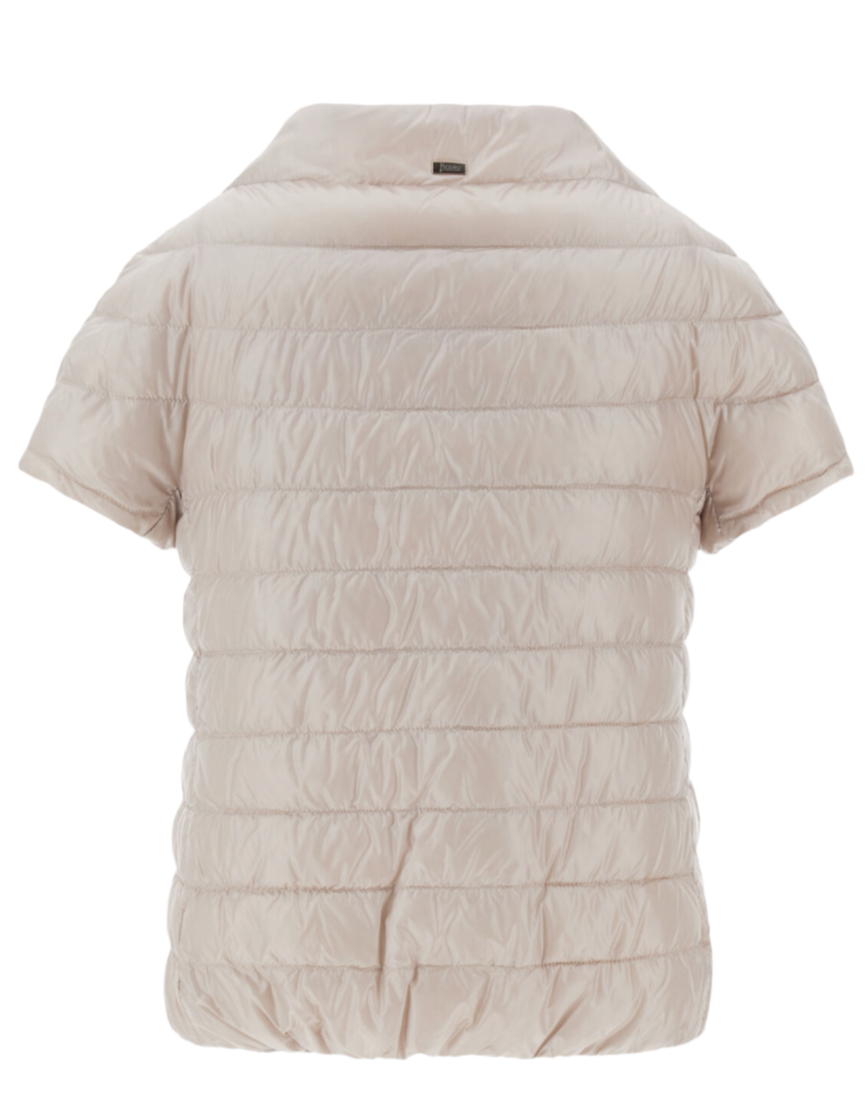 Beige, short-sleeve Herno Emilia Cape quilted puffer jacket with goose down padding and horizontal stitching set against a white background.