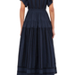 A person wearing the Ulla Johnson Emery Dress, a navy blue, knee-length outfit with ruffled sleeves and romantic detailing, viewed from the back.