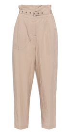 The 3.1 Phillip Lim Belted Paperbag Tapered Pant from 3.1 Phillip Lim features a high-waisted design in beige, with pleat detailing, an eyelet-embellished belt, tapered legs, button details at the waist, and pockets.