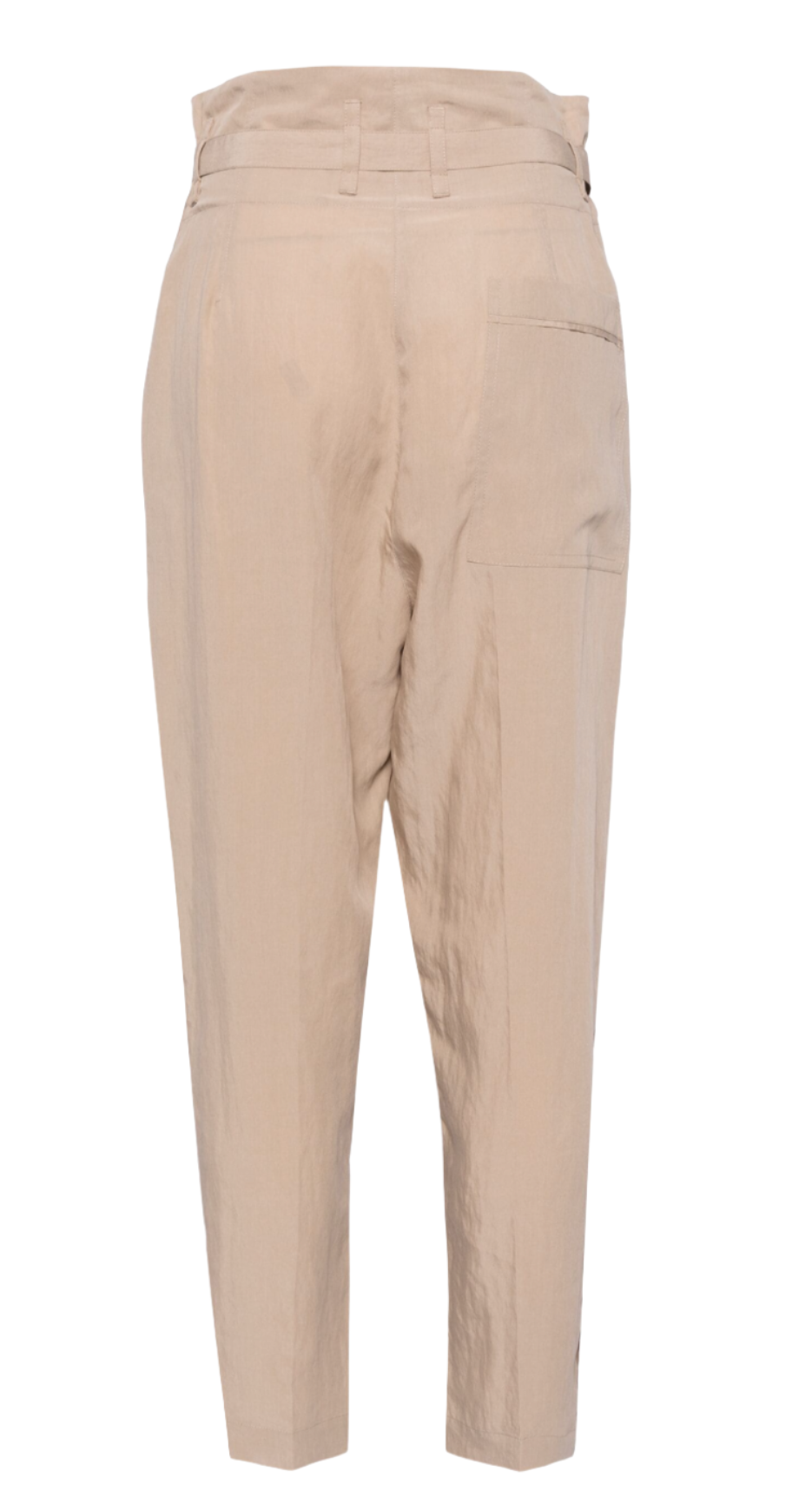 A pair of **3.1 Phillip Lim Belted Paperbag Tapered Pants** by **3.1 Phillip Lim**, in beige with high-waist, belt loops, rear pockets, and a relaxed fit viewed from the back, featuring a stylish paperbag waist.