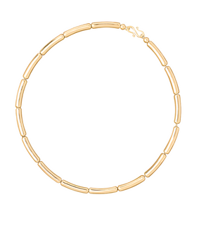 The LIÉ STUDIO Margaret Necklace by Lie Studio is a gold choker made of smooth, elongated rectangular links, fastened by a small sculptural lock clasp.