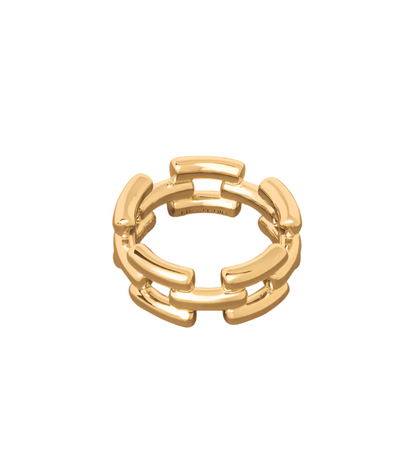 A sophisticated ring showcasing a chain-link design with geometric, smoothly polished links. This exquisite LIÉ STUDIO The Isabel Ring, from Lie Studio, is offered in both 18-carat gold-plated and sterling silver-plated finishes.