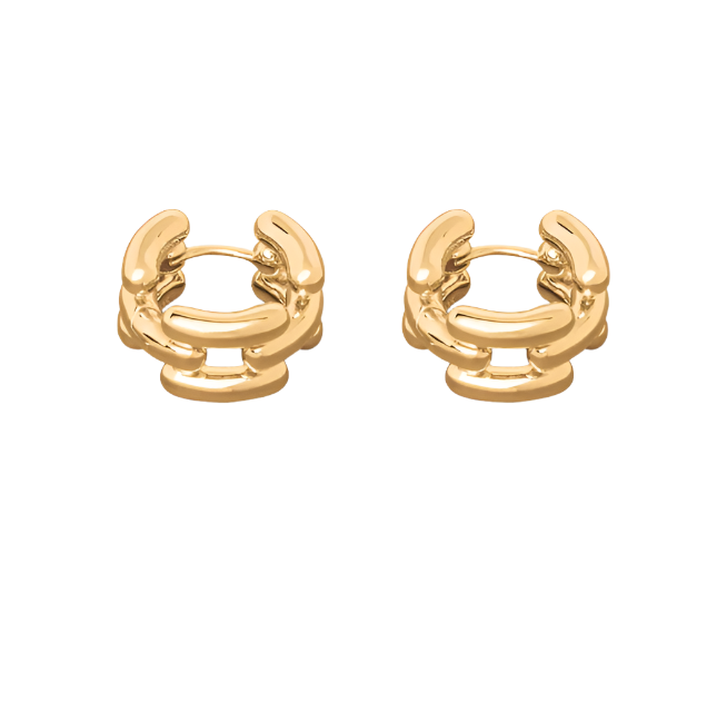 The LIÉ STUDIO The Johanna Earrings, a pair of 18 carat gold-plated brass hoop earrings with a textured design by Lie Studio, are elegantly displayed on a white background.