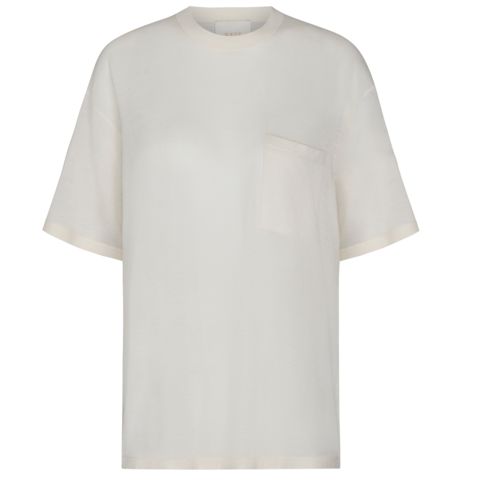 The TWP Big Boy Skye Cashmere Tee by TWP is an oversized plain white T-shirt featuring a round neckline and a front pocket on the left side.