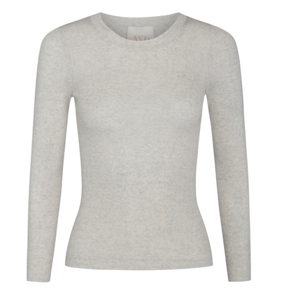 The TWP Knit Wool Crewneck by TWP is a luxurious, light grey, long-sleeved shirt made from a wool blend and displayed against a white background.