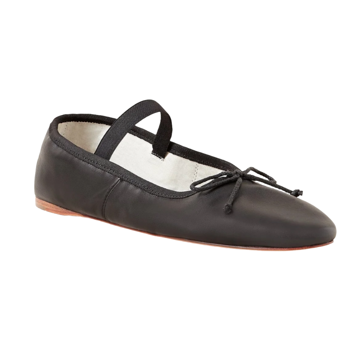 The Loeffler Randall Leonie Soft Ballet Flat in black calf leather features an elastic strap across the top, a bow at the front, and a padded footbed, displayed on a white background.