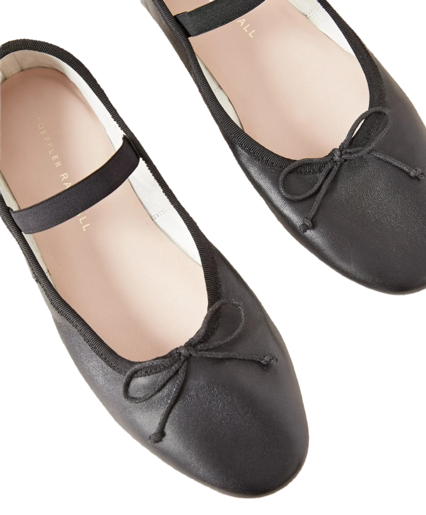 The Loeffler Randall Leonie Soft Ballet Flat by Loeffler Randall is a pair of black ballet flats adorned with ribbon ties on the front, crafted from supple calf leather and featuring beige insoles with a padded footbed.