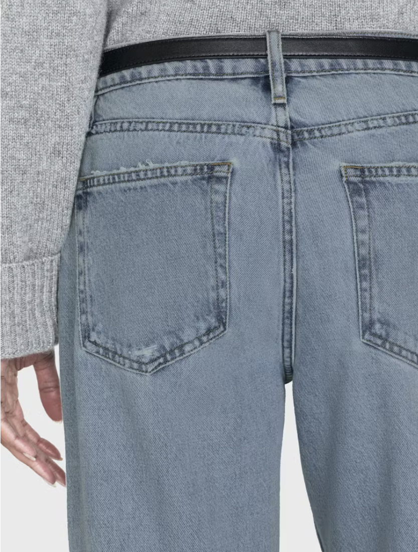 Close-up of a person wearing a gray knit sweater tucked into high-waisted, light blue Frame Slouchy Straight Wide Cuff jeans from the back. The jeans feature wide rolled cuffs and have two back pockets, with a black belt visible. Made by Frame from sustainable denim, these jeans offer a relaxed seat for ultimate comfort and style.