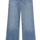 The Frame Modern Pocket Jean by Frame is a pair of light blue high-waisted wide-leg jeans, featuring front pockets and a button closure, made from stretchy denim, displayed against a white background.