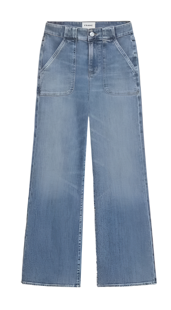 The Frame Modern Pocket Jean by Frame is a pair of light blue high-waisted wide-leg jeans, featuring front pockets and a button closure, made from stretchy denim, displayed against a white background.