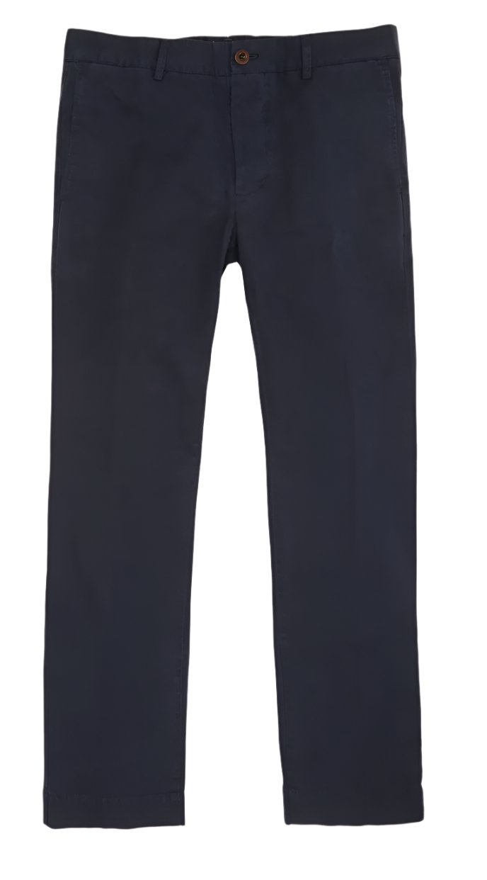 The Sid Mashburn Garment Dyed Field Pant, available in navy blue, features a slim-straight design with button and zip closure. It is crafted from lightweight cotton twill and includes both front and back pockets.