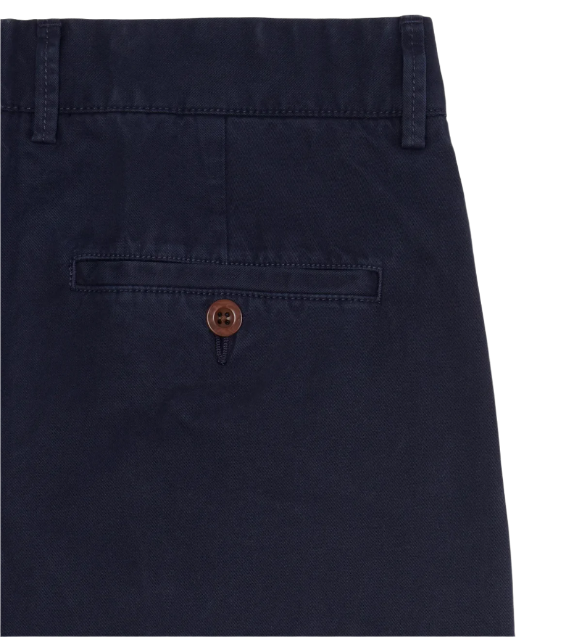 Close-up of the Sid Masburn Garment Dyed Field Pant by Sid Mashburn, showcasing slim-straight navy blue pants made from lightweight cotton twill, with a garment-dyed finish and a back pocket with a button closure.