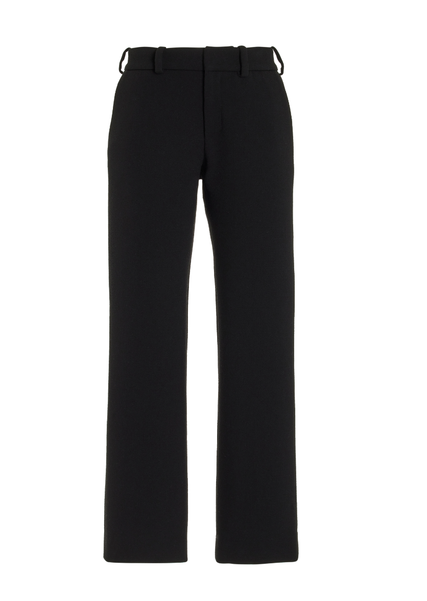 The Brandon Maxwell Soren Cropped Trouser from Brandon Maxwell is crafted from 100% cotton and showcases a high-waisted design with wide-leg cuts and belt loops. These black trousers present a polished look with a slightly cropped silhouette, adding a touch of modern flair when viewed from the front.