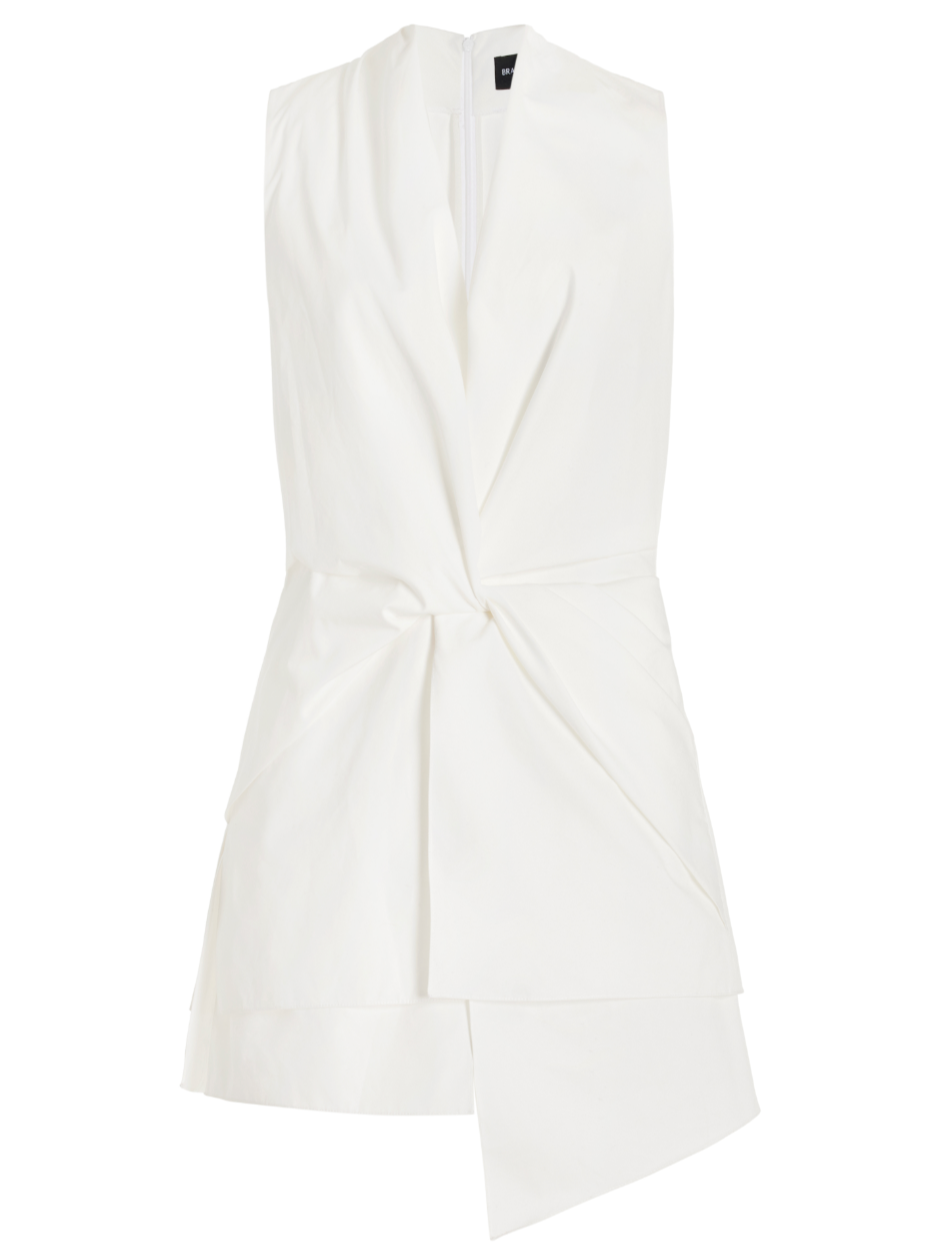 Brandon Maxwell Savie Top, a white sleeveless wrap crafted from 100% cotton, showcases a draped waist and asymmetrical hem with a discreet back zipper.