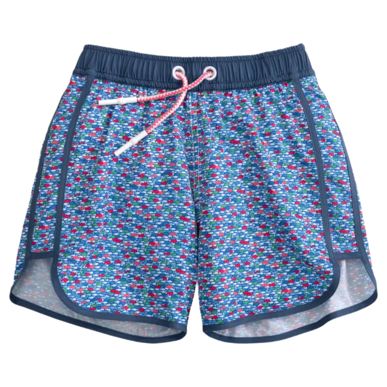 Johnnie-O Boys' Full Elastic Jr. Surf Red Fin Blue Fin Swim Shorts feature a blue, red, and white geometric pattern with navy trim and a white and red drawstring at the elastic waistband.