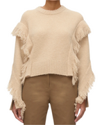 A person is wearing the 3.1 Phillip Lim LS Crewneck W Fringe Trim, which features knitted fringe detail on the sleeves and body, paired with brown pants and facing forward.