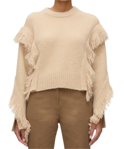 A person is wearing the 3.1 Phillip Lim LS Crewneck W Fringe Trim, which features knitted fringe detail on the sleeves and body, paired with brown pants and facing forward.