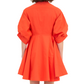 Back view of someone wearing the Simkhai Jazzie Mini Dress, an orange ensemble made from 100% cotton with elbow-length sleeves and a flared poplin skirt.