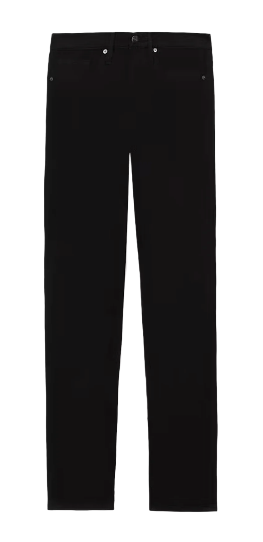 Frame Men's L’Homme Slim Denim features a black, slim-fit design with a mid-rise profile, made from sustainable brushed twill, set against a white background.