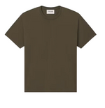 The Frame Men's Logo Tee, a short-sleeved crewneck T-shirt made from 100% cotton in a plain brown color, is showcased against a white background.