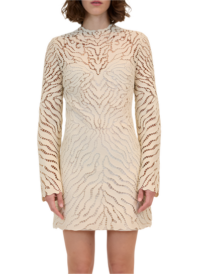 A person wearing the Simkhai Charis Mini Dress, a cream-colored dress with long sleeves and an intricate embroidered eyelet pattern.