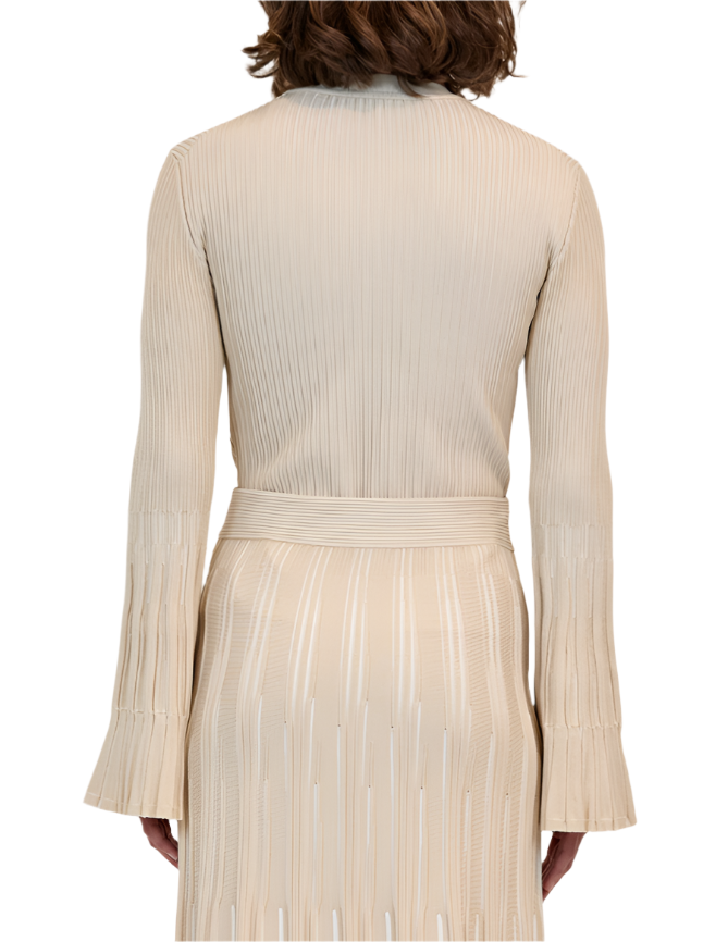 A person with shoulder-length hair faces away, wearing the Simkhai Aris Top in light beige. The top features elegant flared sleeves and a pleated design.