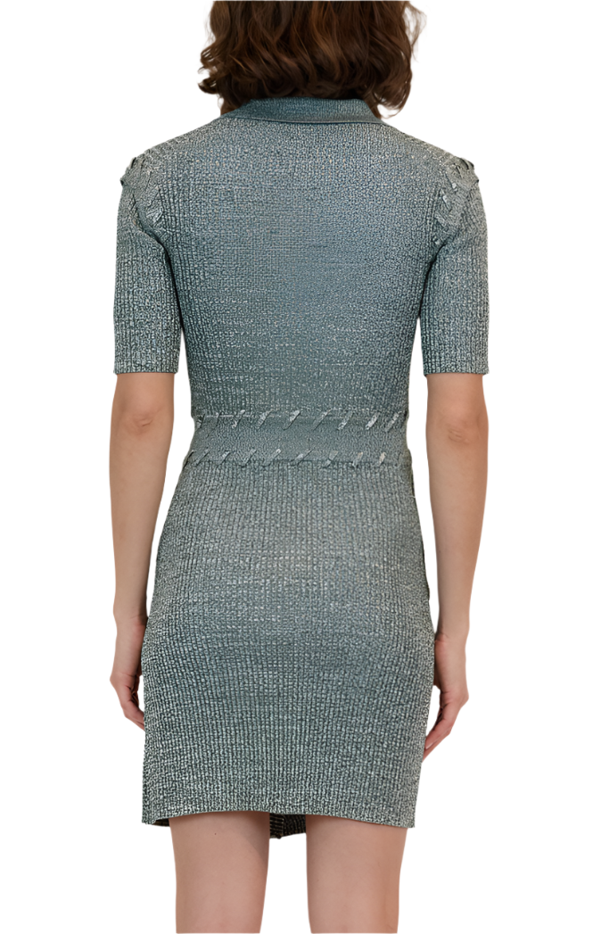 A person wearing the Simkhai Rayan Polo Mini Dress, featuring a textured short-sleeve design and subtle V-neck, seen from the back.