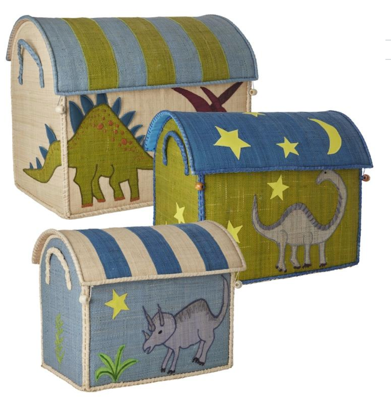 The Rice Raffia Toy Basket by Rice includes three vibrant storage baskets made from natural raffia in Madagascar, adorned with dinosaur motifs and star patterns on the lids.