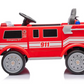 The Freddo Fire Truck is a red ride-on with "911" and "Emergency 911" on the sides, black windows, silver wheels, steering wheel, and interactive features—an ideal hero toy for kids’ imaginative play.