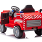 The Freddo Fire Truck ride-on for kids features a steering wheel, open side door, firefighter decals, and interactive elements—ideal for little heroes’ adventures. Shown on a white background.