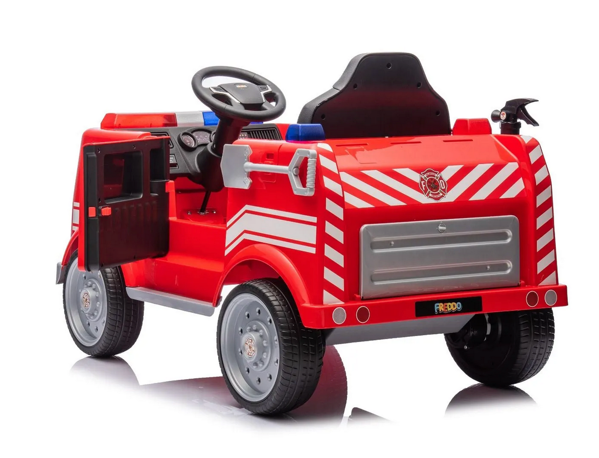 The Freddo Fire Truck ride-on for kids features a steering wheel, open side door, firefighter decals, and interactive elements—ideal for little heroes’ adventures. Shown on a white background.