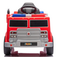 Front view of Freddo Fire Truck ride-on in red, with black seat, steering wheel, emergency lights, and interactive features—an ideal hero toy for kids shown against a white background.