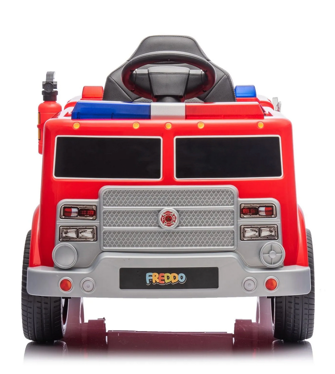 Front view of Freddo Fire Truck ride-on in red, with black seat, steering wheel, emergency lights, and interactive features—an ideal hero toy for kids shown against a white background.