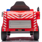 Rear view of the Freddo Fire Truck toy for kids in red with white stripes, a side-mounted extinguisher, interactive features, and the Freddo logo on the license plate.
