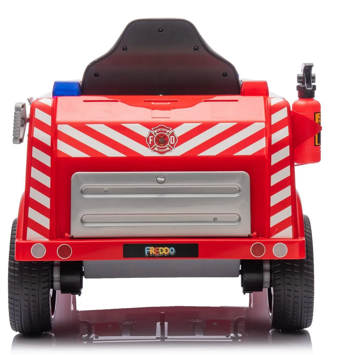 Rear view of the Freddo Fire Truck toy for kids in red with white stripes, a side-mounted extinguisher, interactive features, and the Freddo logo on the license plate.