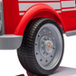 Close-up of the rear wheel and fender of the Freddo Fire Truck, showing a silver and black wheel, red body with side stripes, and glimpses of interactive features for enhanced play.