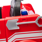 A close-up of the Freddo Fire Truck ride-on toy for kids, featuring a red body, black seat, white stripes, a silver shovel, blue emergency light, and interactive features.