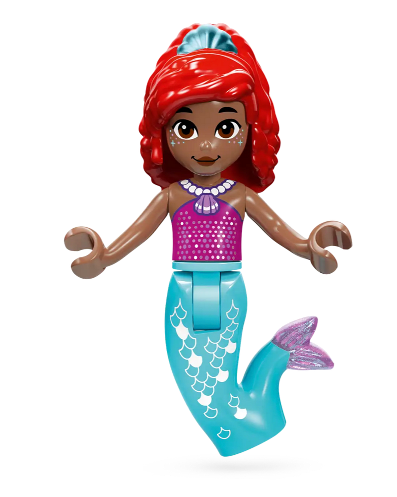 This LEGO® Disney Ariel's Music Stage mini-figure beautifully captures Disney's Ariel as a charming mermaid with vibrant red hair, a purple top, and an intricately detailed teal tail. Her inviting smile makes this an enchanting building toy for fans of all ages by Legos - Toyhouse.