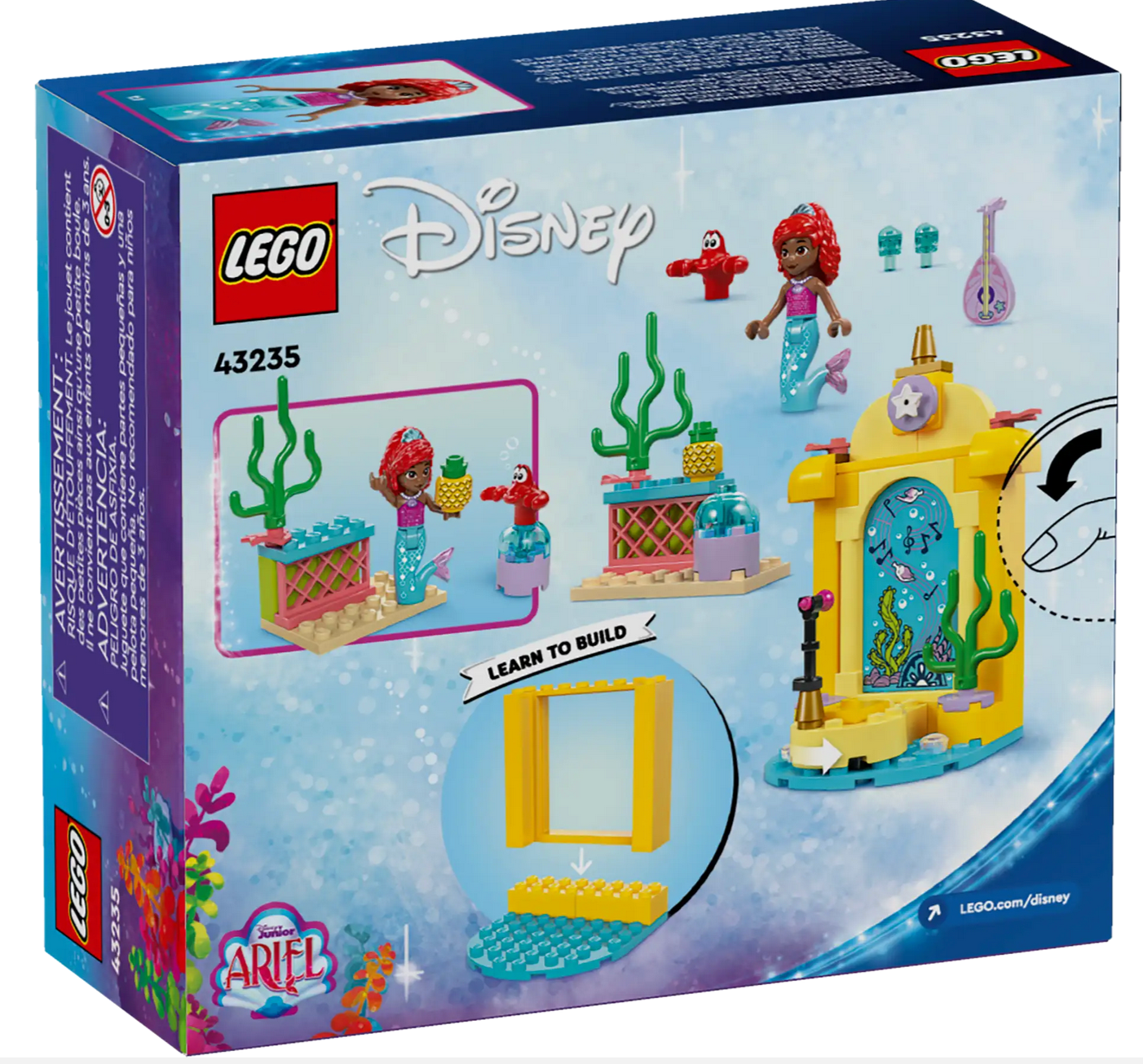 The LEGO® Disney Ariel's Music Stage set from Legos - Toyhouse comes in a box filled with charming underwater-themed pieces, featuring a minifigure of Ariel, an adorable crab, and musical elements. The model number 43235 is prominently displayed.