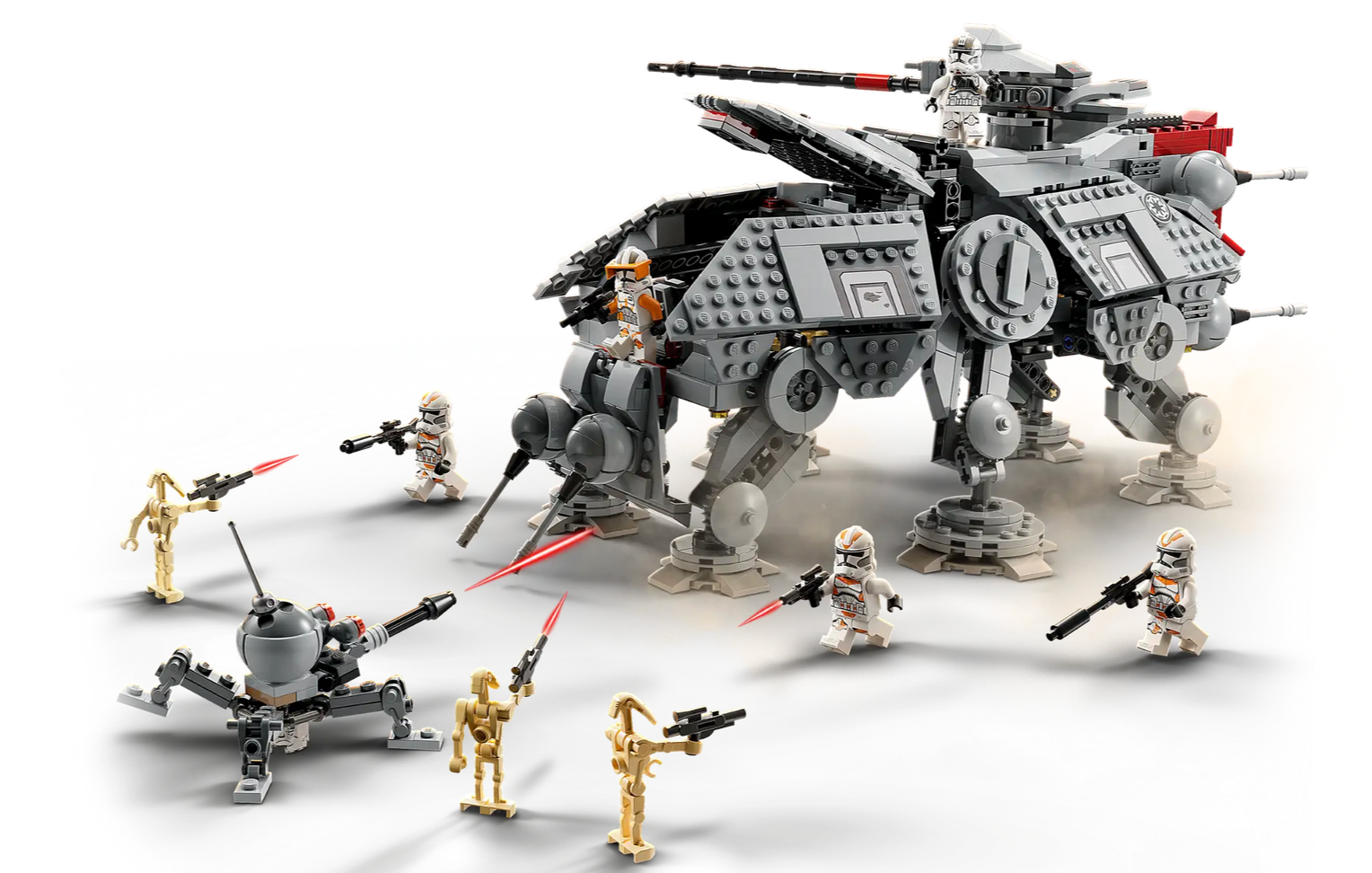 The LEGO® Star Wars AT-TE Walker set by LEGO® includes clone troopers, droids, weaponry, and various minifigures battling around a large gray AT-TE Walker.