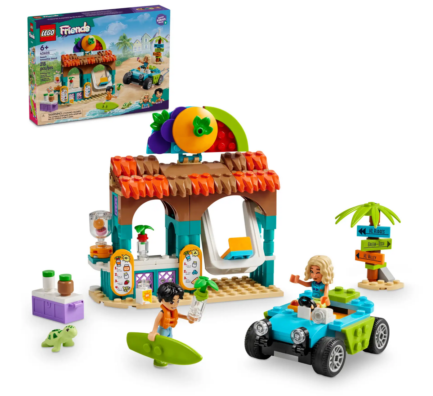 Explore the LEGO® Friends Beach Smoothie Stand by Legos - Toyhouse, complete with a juice bar, surfboard, palm tree, and turtle. This set comes with two friendly figures and a small vehicle for sandy shore adventures. Ideal for imaginative play infused with vibrant beach vibes, it even includes a playful reference to the charming box in the backdrop.