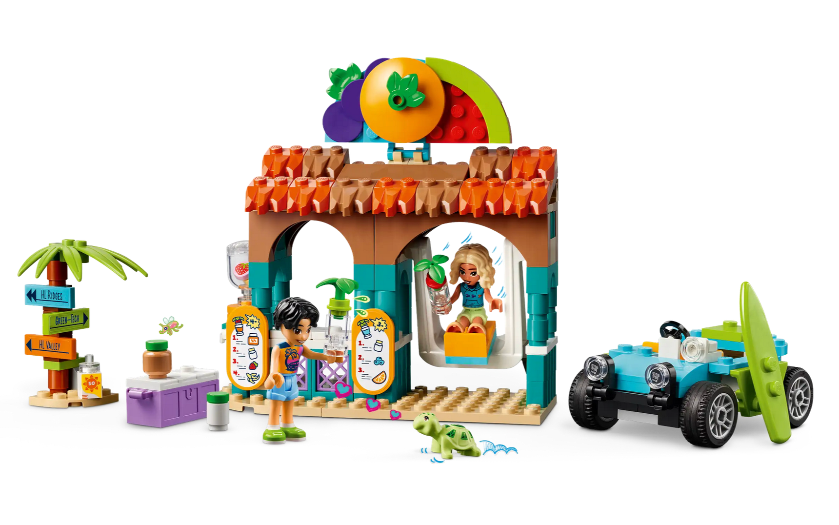 A lively scene at the LEGO® Friends Beach Smoothie Stand from Legos - Toyhouse features play food sets accompanied by two figures, a compact vehicle, and a palm tree. The decorative stand is topped with an eye-catching large fruit sign, and in the foreground, a small green crab-like toy adds charm. This set is perfect for LEGO Friends enthusiasts!